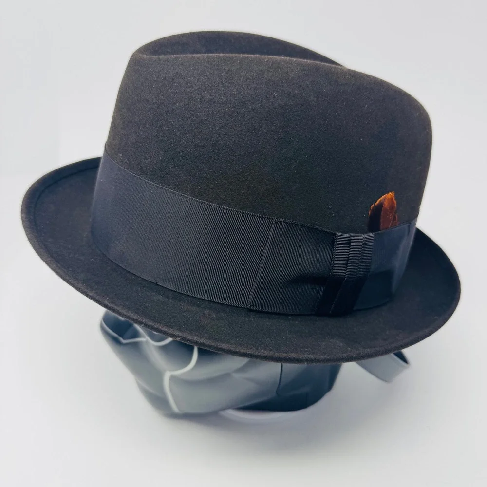 Vintage Mallory Fedora Hat Brown Fur Felt Cravenette Processed‎ Size 7 Feather